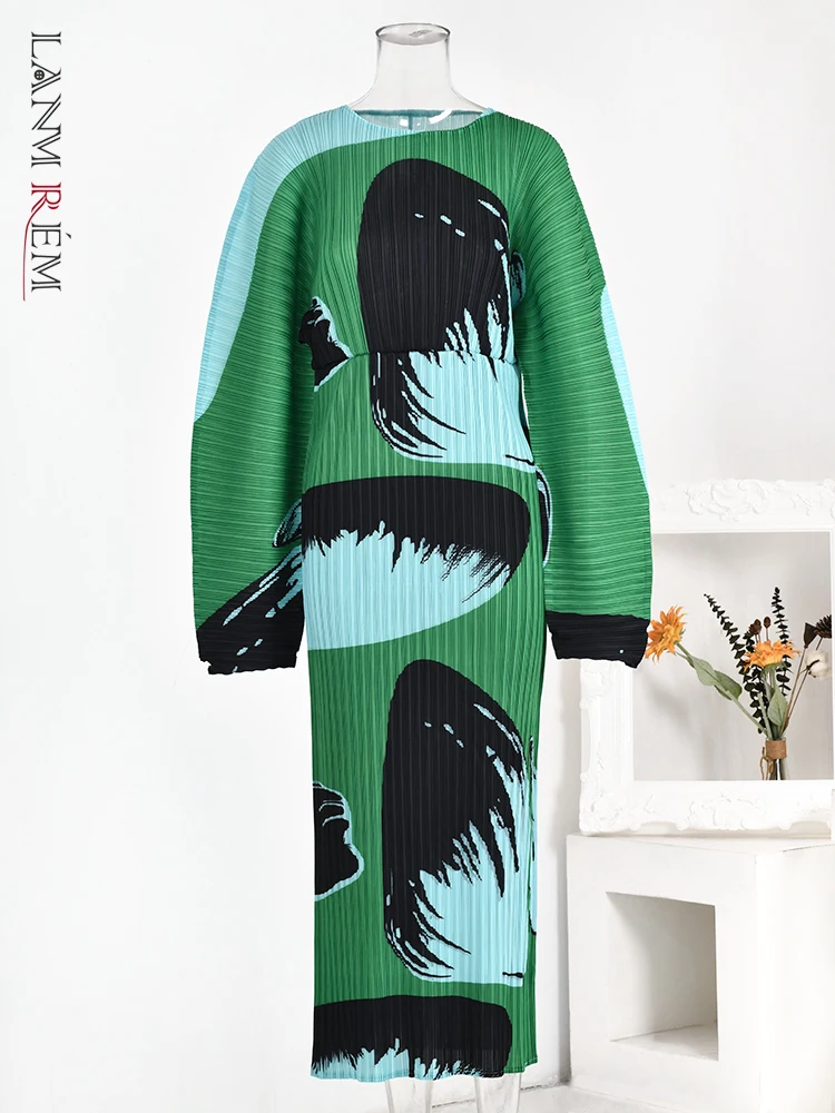LANMREM Designer Printing Long Dress For Women Round Neck Batwing Sleeves Contrast Color Dresses Female Clothing 2023 17Ca161