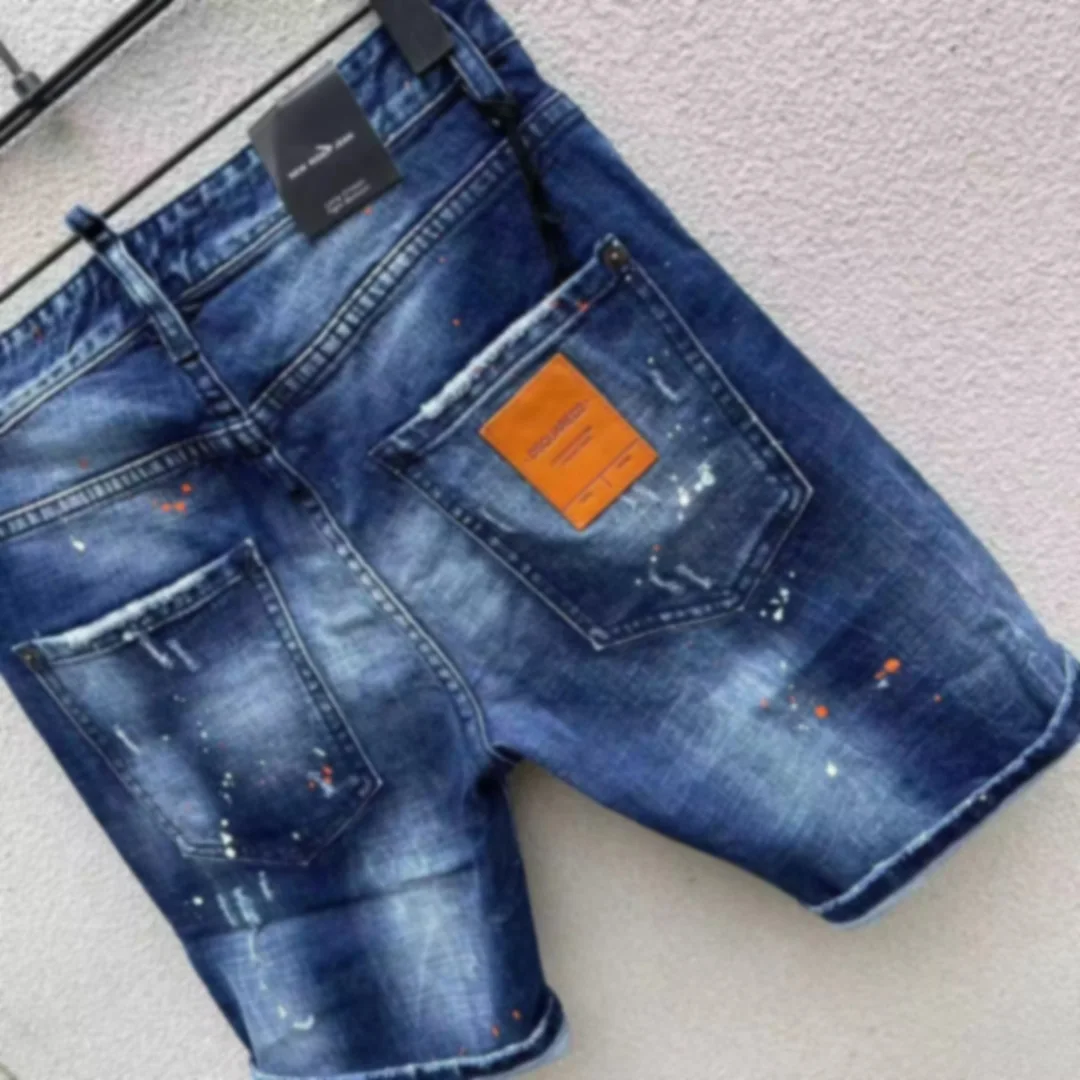 2023 Spring D2 Jeans Men's Fashion Wash Hole Patch Irregular Car Thread Denim Shorts Capris