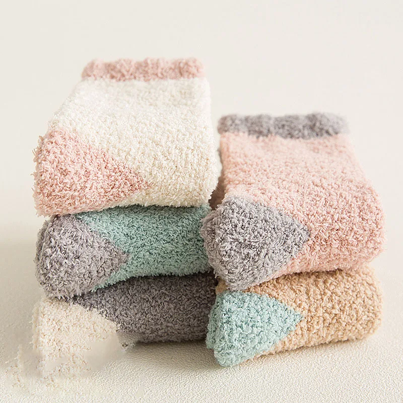 

Color Matching Coral Velvet Socks Women'S Medium Towel Household Floor Socks Autumn And Winter Velvet Thickened Warm Sleep Socks