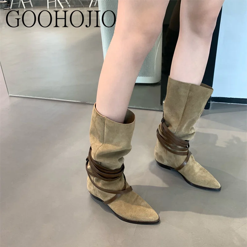 Новые модные женские повседневные сапоги замшевые уличные до середины икры