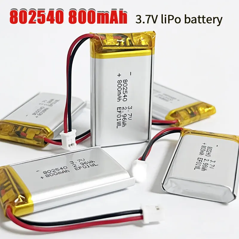 Фото Литий-полимерный аккумулятор 802540 3.7V 800mAh 2.9Wh, перезаряжаемые литиевые батареи Lipo с разъемом PH2.0 для атомайзера, дефростера, рекордера, смарт-устройств №1