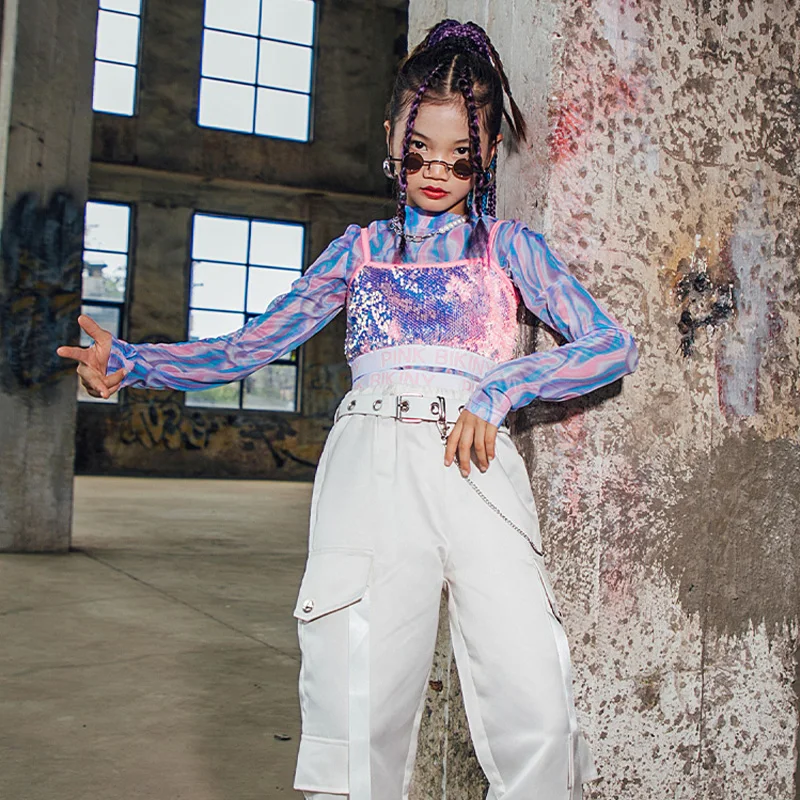 

Kids Jazz Clothing Long Sleeve Tops Sequin Vest White Pants For Hip-Hop Children Modern Street Dance Performance Costume