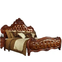 modern european solid wood bed 2 people fashion carved genuine leather french bedroom furniture 10319
