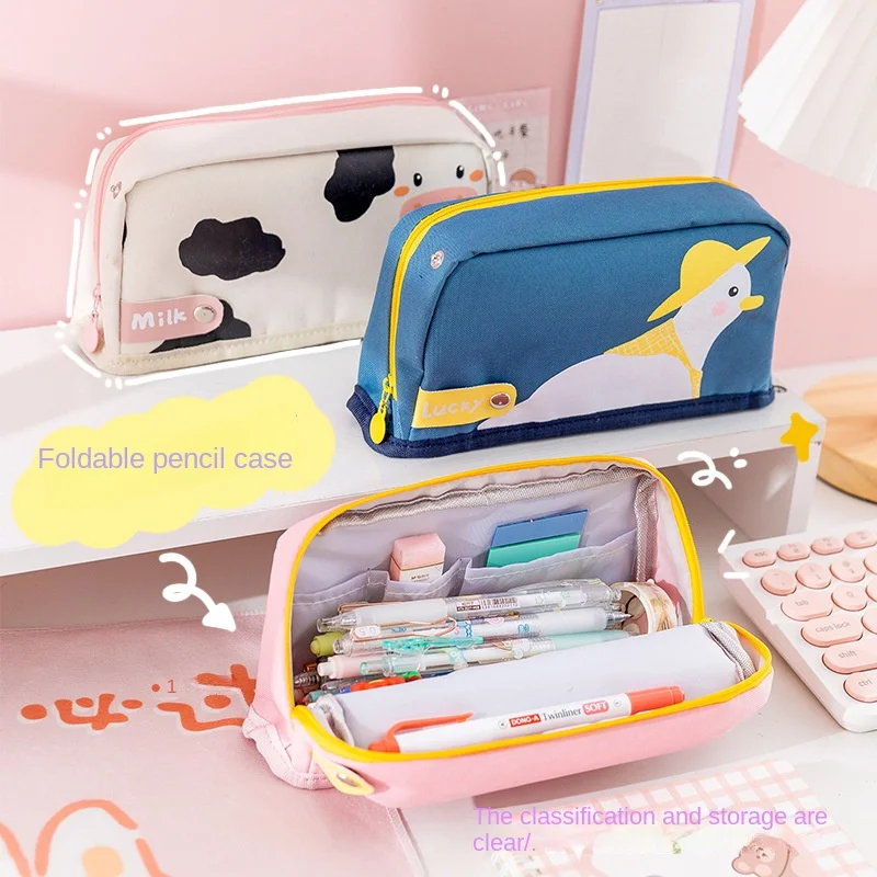 

Cartoon Cow Milk Pencil Bag Large Capacity School Case Student Stationery Holder Storage Box Zipper Pencil Pouch School Supplies