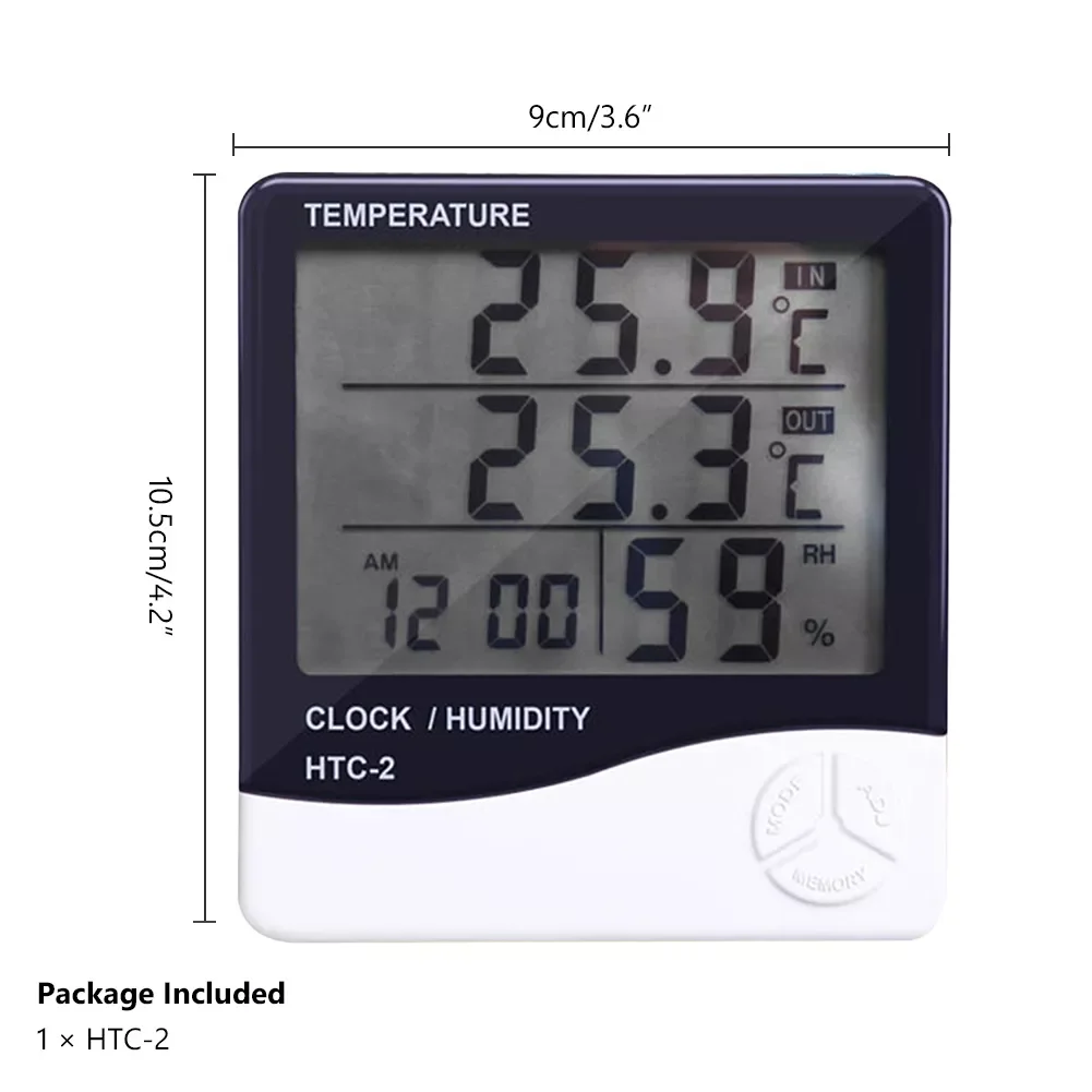 

LCD Digital Temperature Humidity Meter Home Indoor Outdoor hygrometer thermometer Weather Station with Clock HTC-2