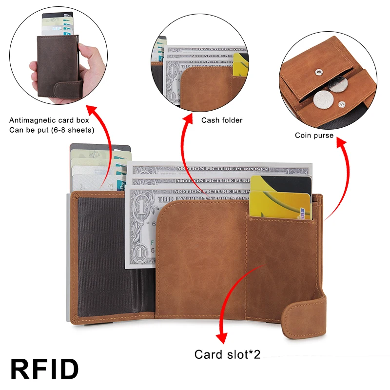 dienqi rfid genuine leather men wallets card holder slim thin smart magic wallet small short coin purse male 2022 brown vallet free global shipping