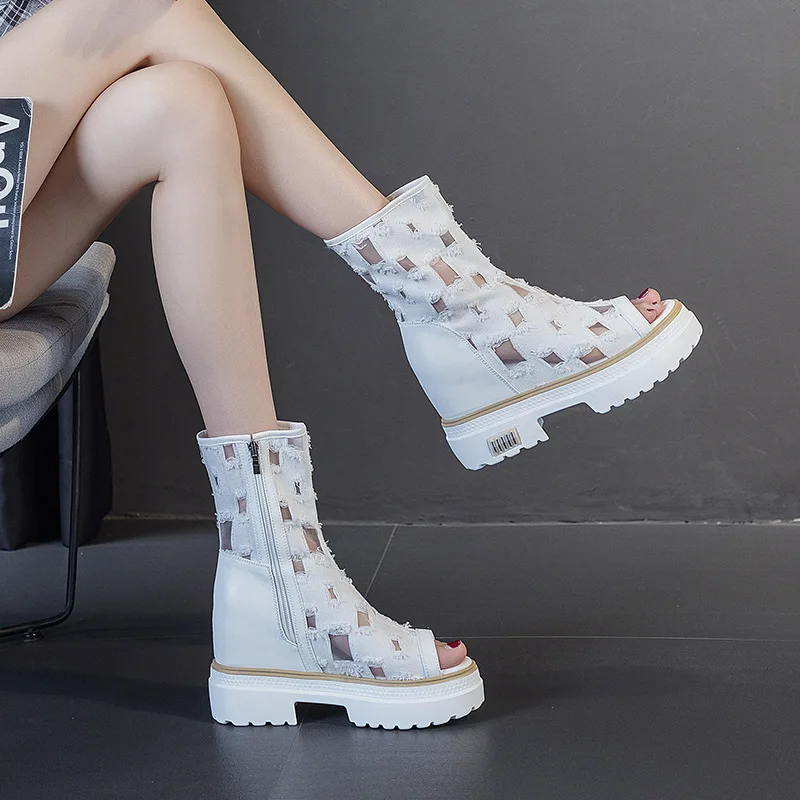 2023 Women Cowboy Boots Summer Platform Shoes Checked Fish Mouth Sandals Mesh Fashion Outdoor Women's Casual Sandals Boots