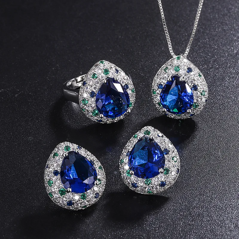 

Retro Tanzanite Blue Gemstone Water Droplets Adjustable Ring Earrings Pendant Necklace Woman Jewelry 2023 Trend Gift Macrame