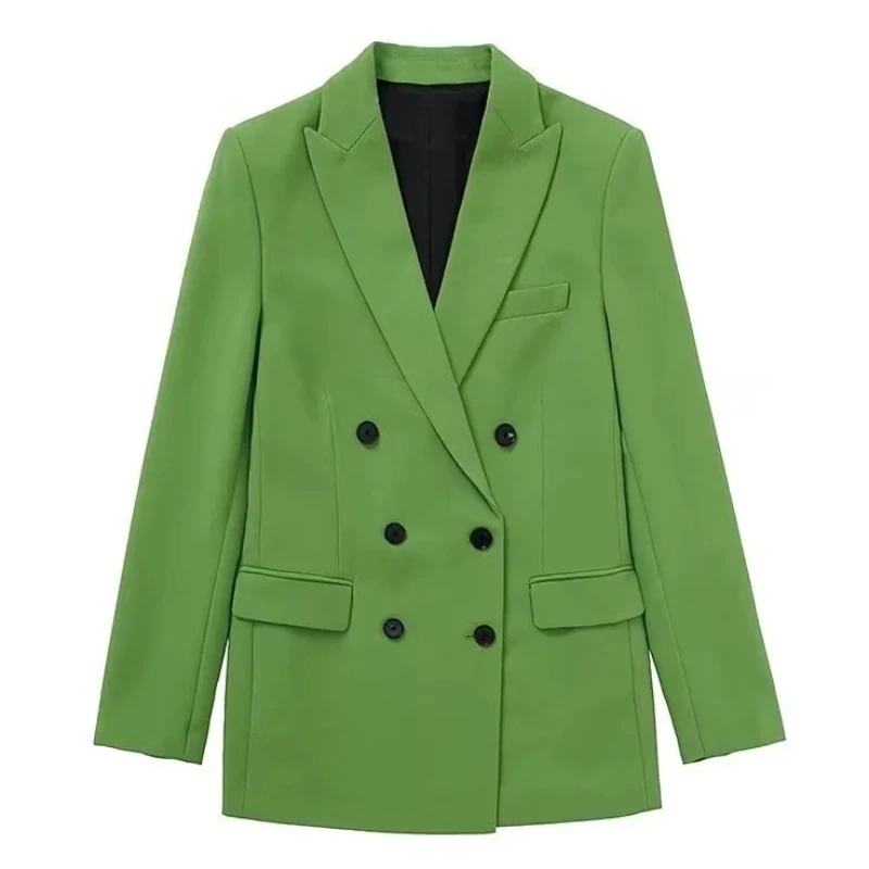 

Женский осенний Новый темпераментный тонкий двубортный Универсальный Повседневный зеленый костюм с отложным воротником и длинным рукавом