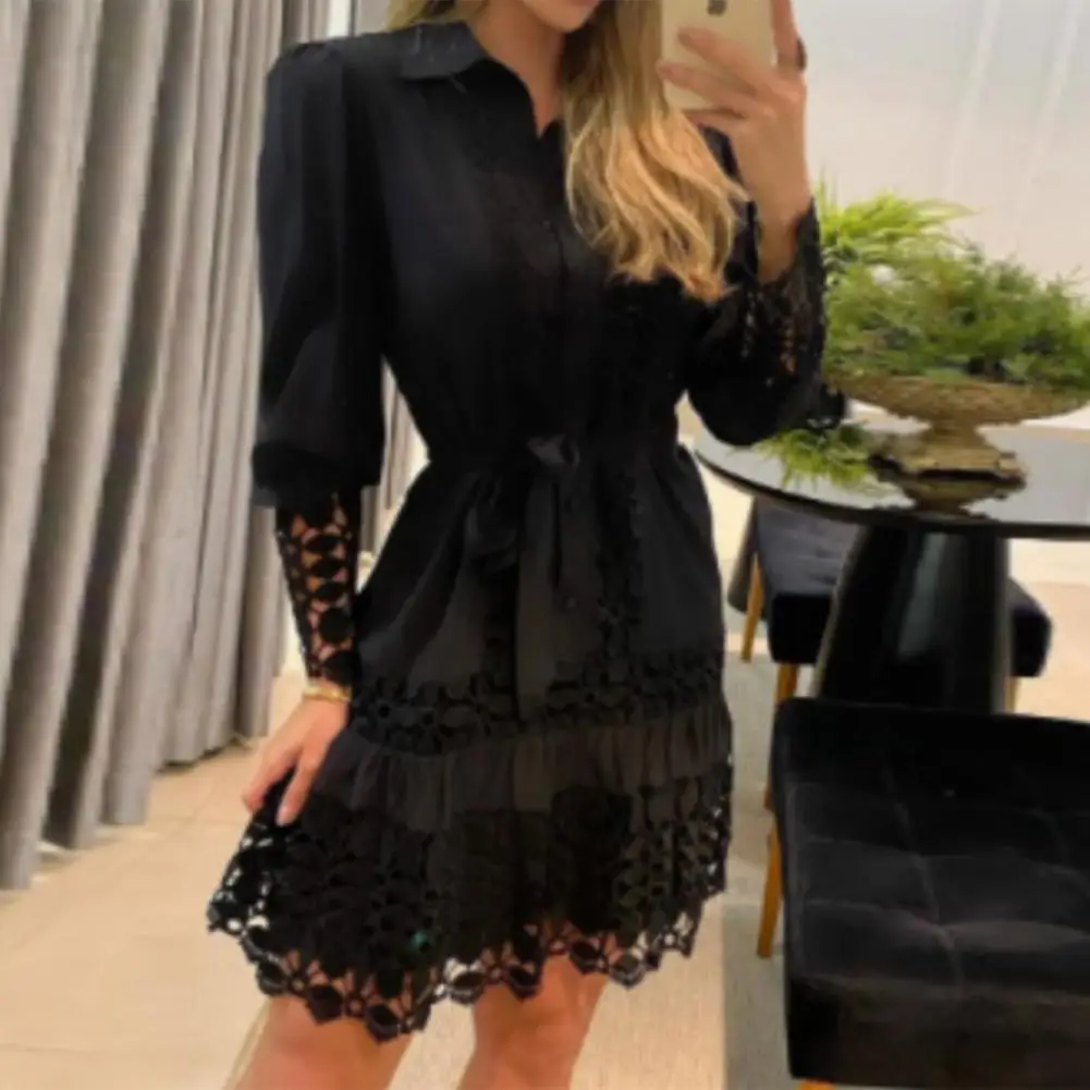 

Charming Shirt Dress Comfy Single-breasted Above Knee Embroidery Hollow Party Shirt Dress Mini Dress Pullover