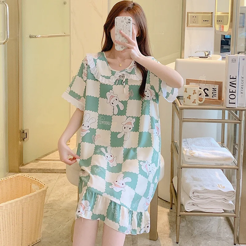 Women's Summer Pajama Dressing Gown Half Sleeve Leisure Ventilation Doll Collar 100% Viscose One Size Princess Girls Nightgown