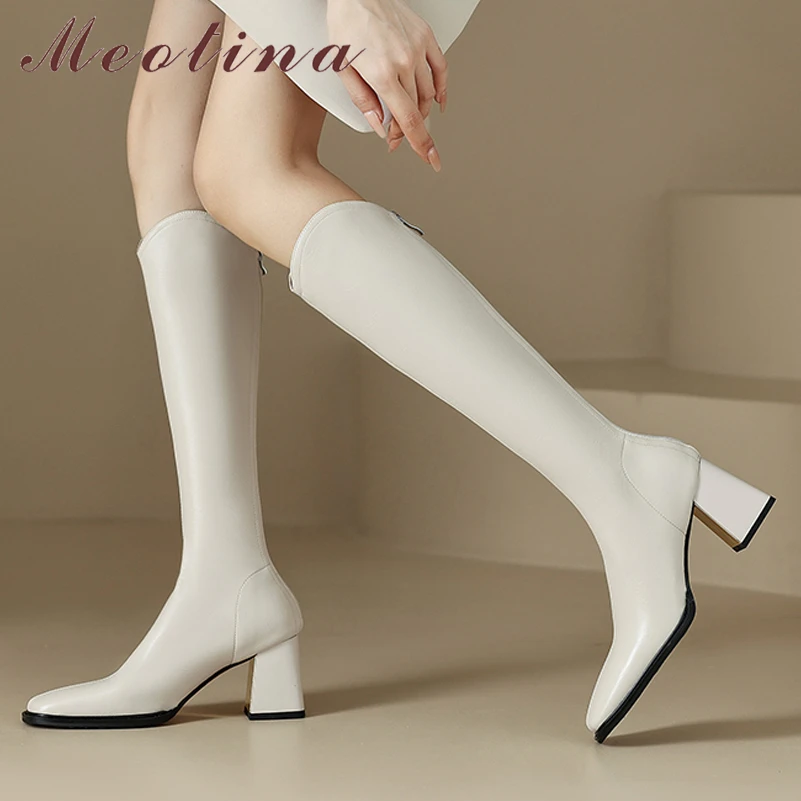 

Женские сапоги с квадратным носком Meotina, высокие сапоги на высоком массивном каблуке, на молнии, бежевые, черные, 42 цвета, Осень-зима