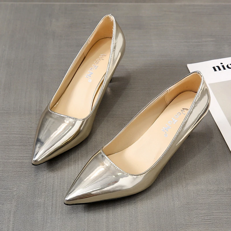 

Fashion Women Patent Leather 6cm High Heels Lady Pointe Toe Gold Silver Heels Pumps Female Wedding Bridal Shoes Plus Size 35-45