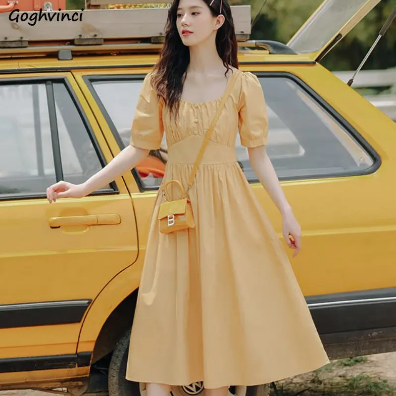 

Sweet French Style Square Collar Puff Sleeve Dress Women Summer Preppy Beach Vacation Retro Folds Design Elegant Lovely Popular