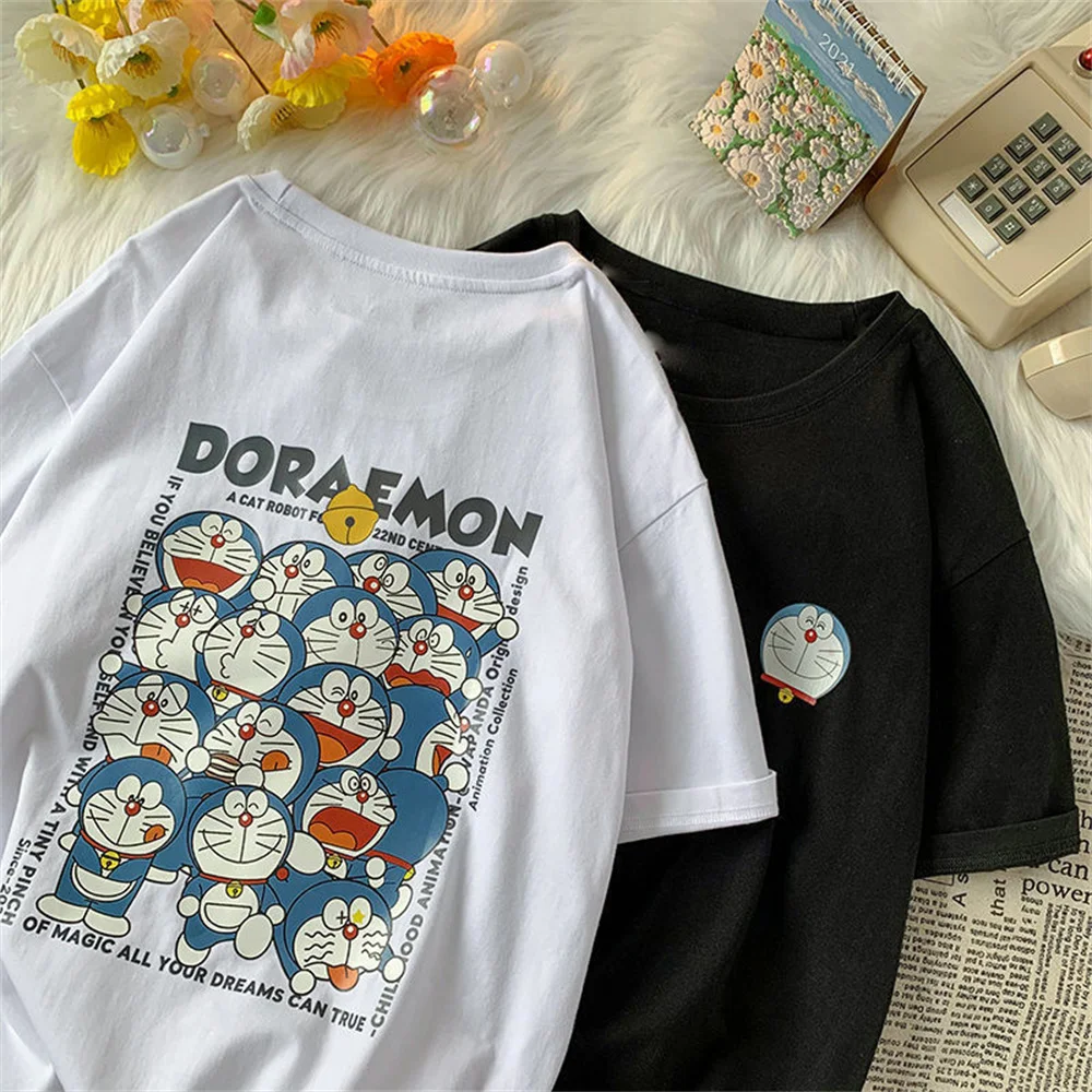 

Harajuku Women Female Summer White Doraemon Cartoon Japan Tshirt Loose Fashion Summer Women Streetwear Black Casual Sweatshirt