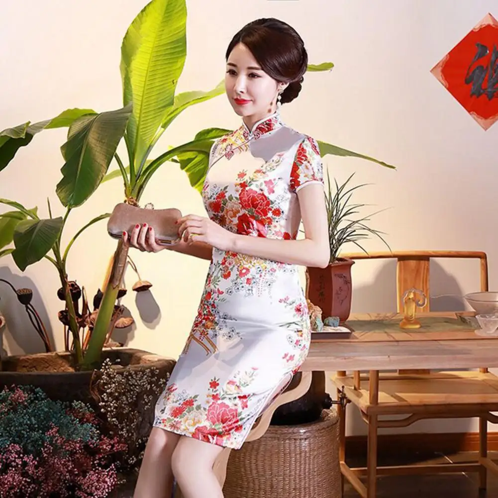 

Summer Cheongsam Smooth Close-fitting Waist Tight Noble Flower Print Chinese Style Qipao Lady Cheongsam Female Clothes