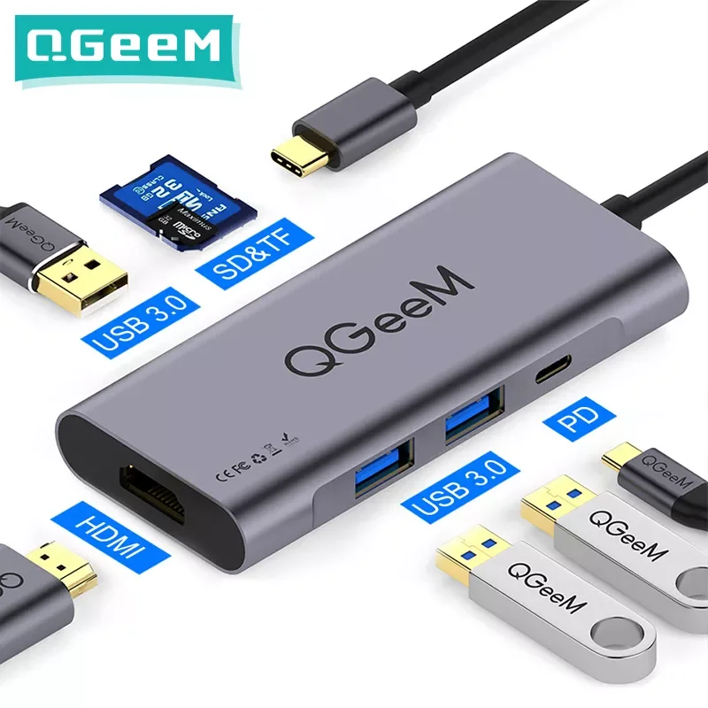 

USB-концентратор QGeeM 7 в 1 для Huawei P20 Mate 20 Pro, USB-концентратор типа C, USB-концентратор от двух до 3,0, HDMI кардридер, адаптер Thunderbolt3 для MacBook Pro
