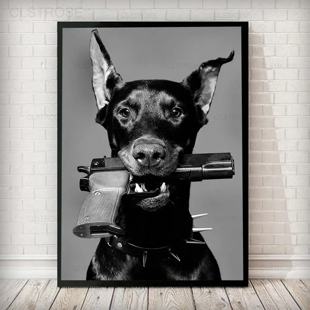 

Modern Doberman Luxury Gun Fashion Poster Black White Wall Art Canvas Painting Nordic Dog Photography Picture for Bedroom Decor