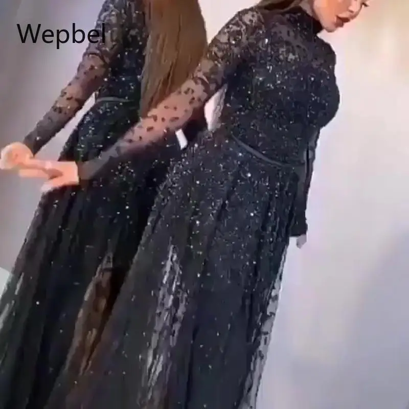 

WEPBEL Long Sleeve Ball Dresses High Waist Mesh Women Navy Sexy Dress Bronze Full Length Slim Fit High Collar Dinner Party Dress