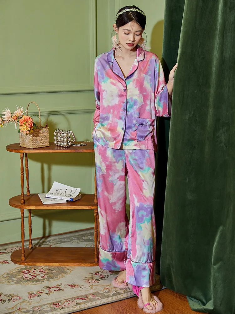 Ice silk pajamas new long-sleeved printed two-piece loose homewear suit silk sleepwear set  ชุดนอน  pijamas women