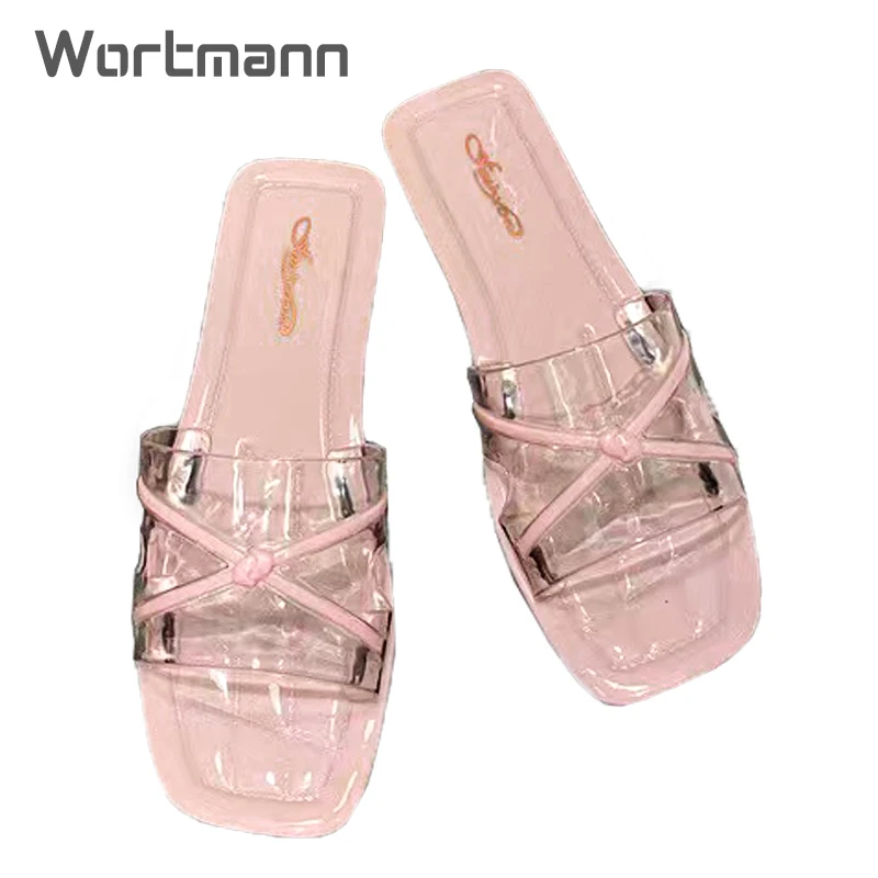 

2023 Wortmann Fashion Slippers Women Outside Wear Pink Summer New Flat Transparent Flip-Flops Beach Shoes