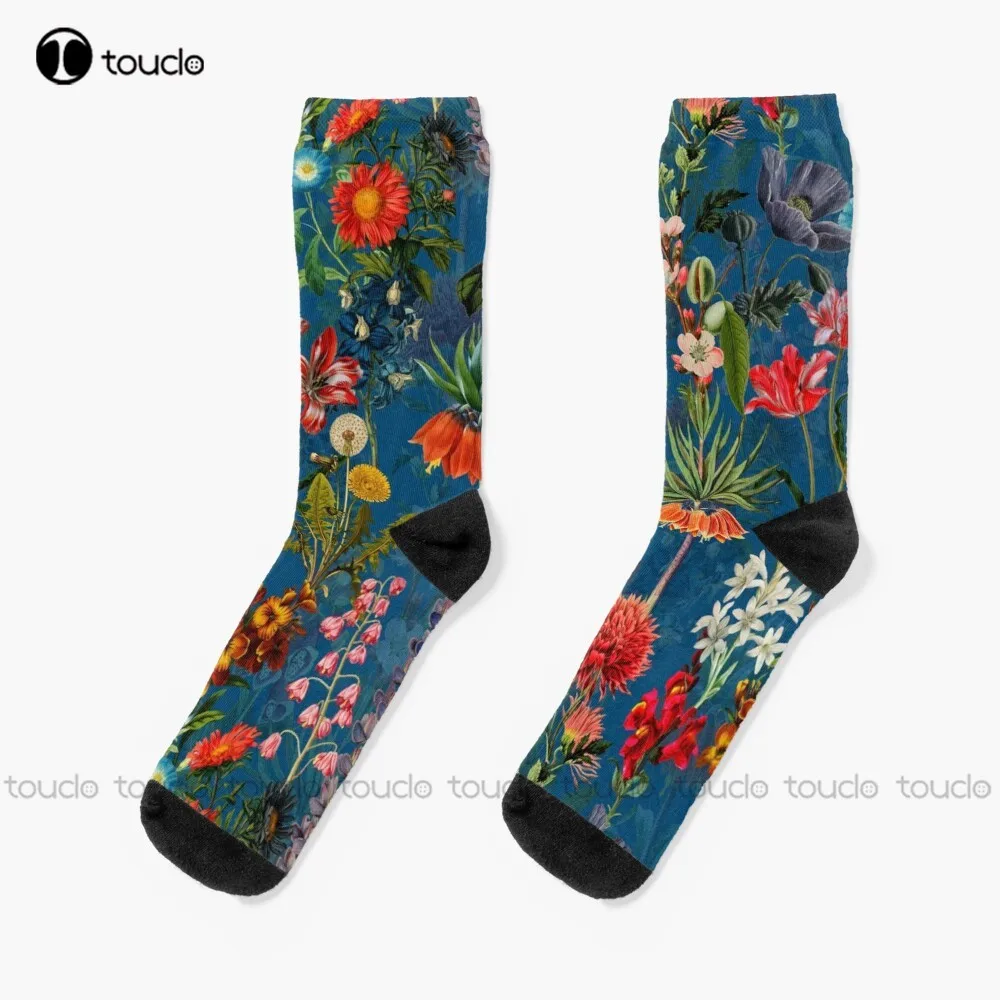 

Vintage Blue Springflower Meadow Night Socks Vintage Flower Pattern Funny Art Streetwear Colorful Cartoon Socks Custom Gift Art