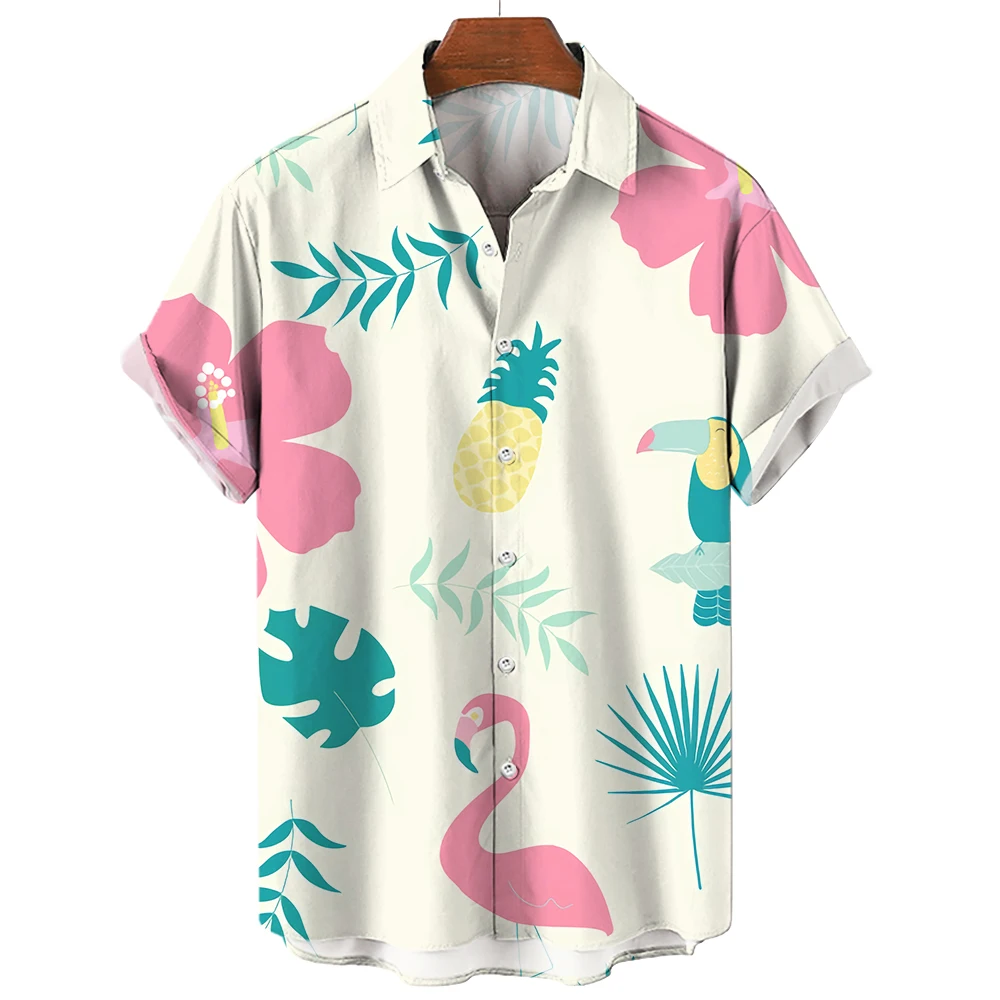 

Hawaiian Men's Shirt Summer Lapels Short Sleeves Pink Crane Print Animal Shirt Oversized Unisex Clothing Casual Street shirt