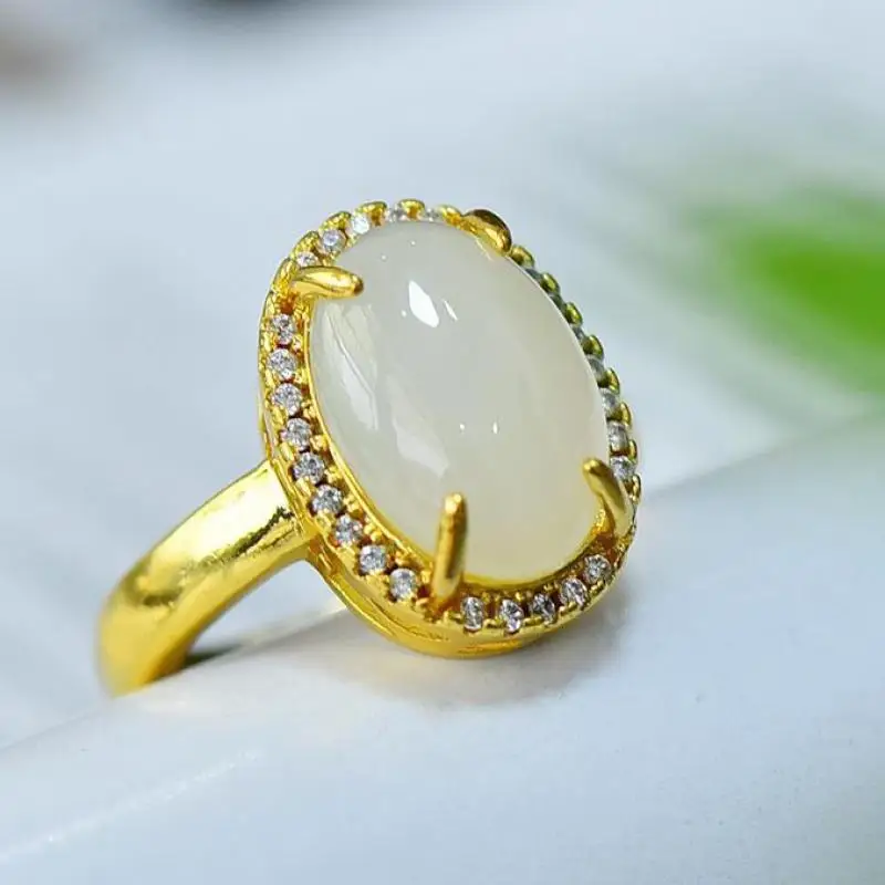 

Natural White Jade Silver Ring With Zircon Adjustable Women Bands Healing Jewelry Chinese Jades Golden Ring Girlfriend Mom Gifts