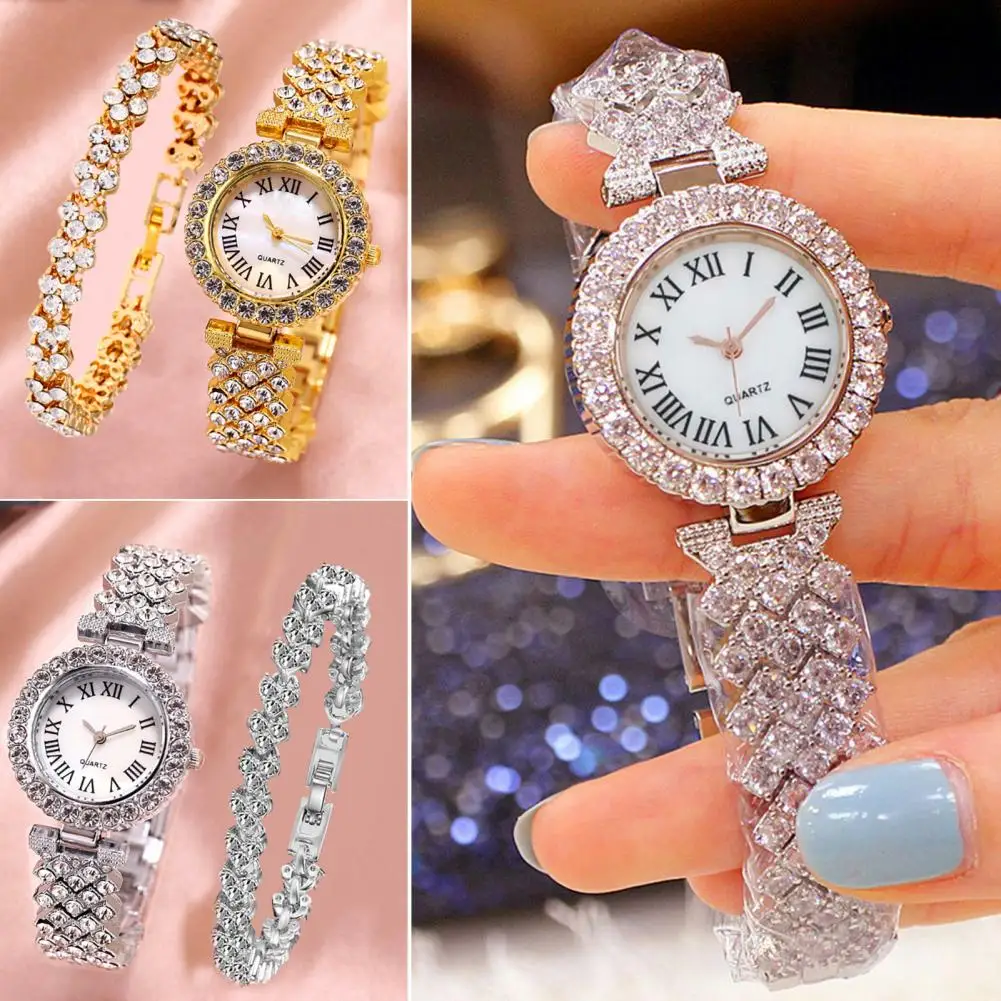 

2Pcs/Set Women Watch Bracelet Kit Shiny Rhinestones Inlaid Pointer Display Lady Quartz Wristwatch Bangle Jewelry Accessories