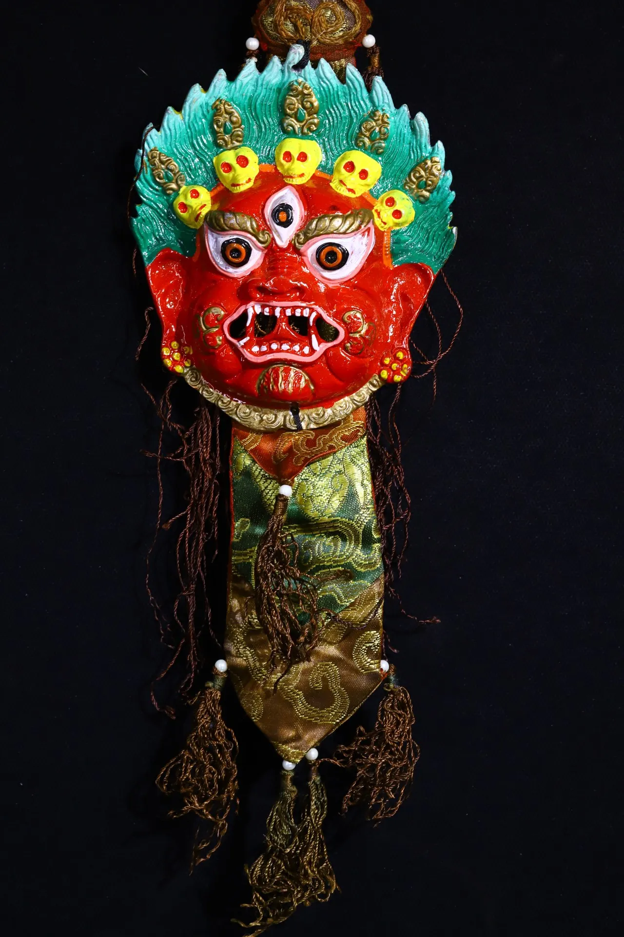 

20" Chinese Folk Collection Old Bronze painted three eyes red face Vajra Buddha head skull head mask Amulet Town house Exorcism