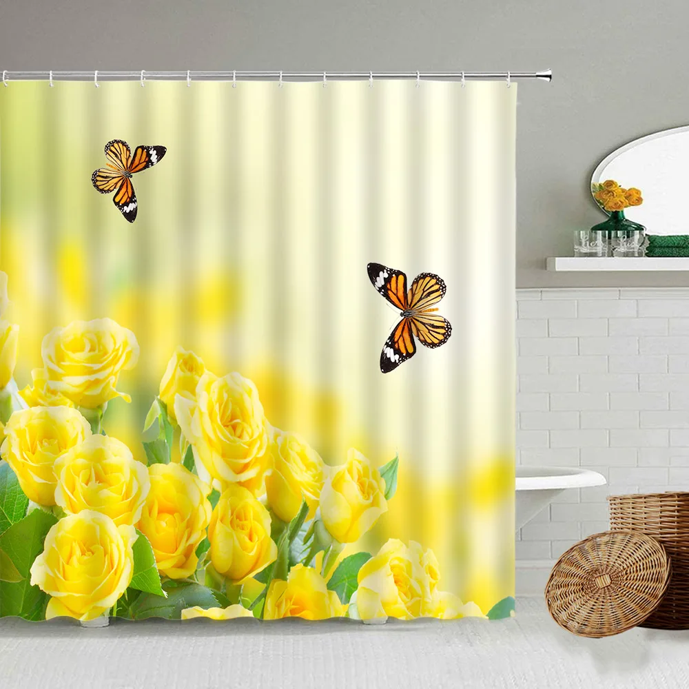 

Butterfly Rose Shower Curtains Nature Rural Yellow Flowers Plants Modern Fabric Print Bathroom Decor Bath Curtain Set with Hooks