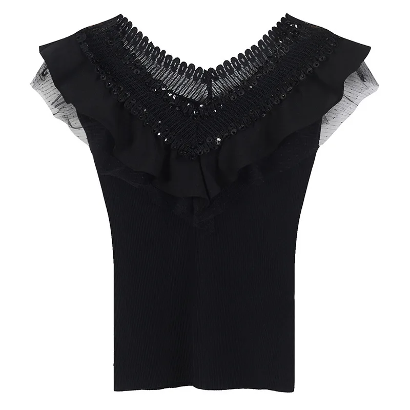 

women's summer new fashion elastic short sleeve ruffle top Black