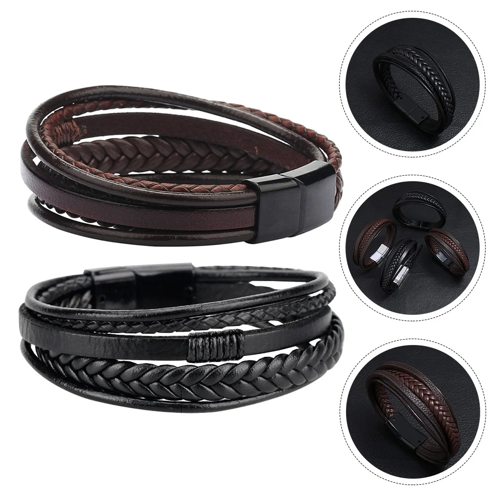 

2pcs Male Bracelet Ethnic Style Wristband Braided Bracelet Hand Jewelry