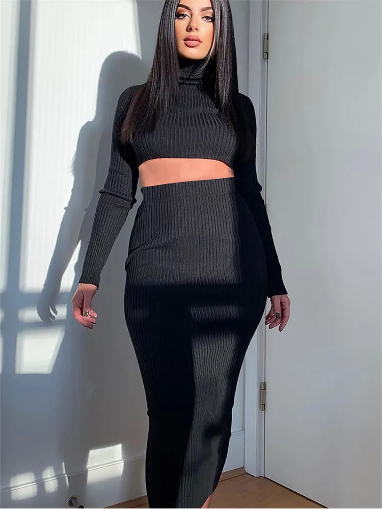 

Habbris Autumn Solid Ribbed 2 Two Piece Sets Club Outfit For Women 2022 Long Sleeve Turtleneck Crop Top And Skirt Sets Female
