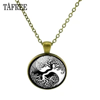 tree of life round shape necklace tai chi yin yang glass cabochon dome antique bronze plated necklaces for women t445