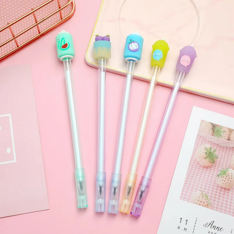 

2 Pcs Kawaii Cartoon Bubble Tea Bottle Pendant 0.5mm Gel Black Ink Signature Ballpoint Pens School Office Child Gift Stationery
