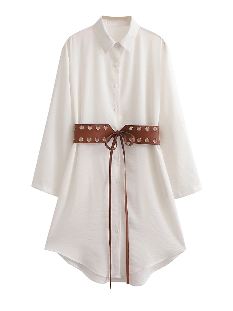 

Женское однобортное платье-рубашка с длинным рукавом, Белое Облегающее мини-платье А-силуэта с поясом, весна-осень 2022