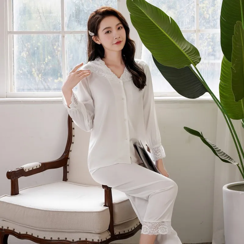 

FZSLCYIYI Fashion Lace Lapel Sleepwear Women's Rayon Satin Pajamas Girls Long Sleeve Shirt+Pants Casual Lounge Wear