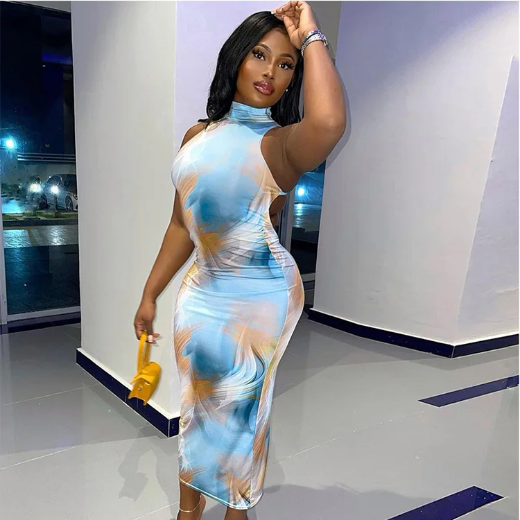 

Women Summer Fashion Backless Sleeveless Printed Bodycon Slim Pencil Dress