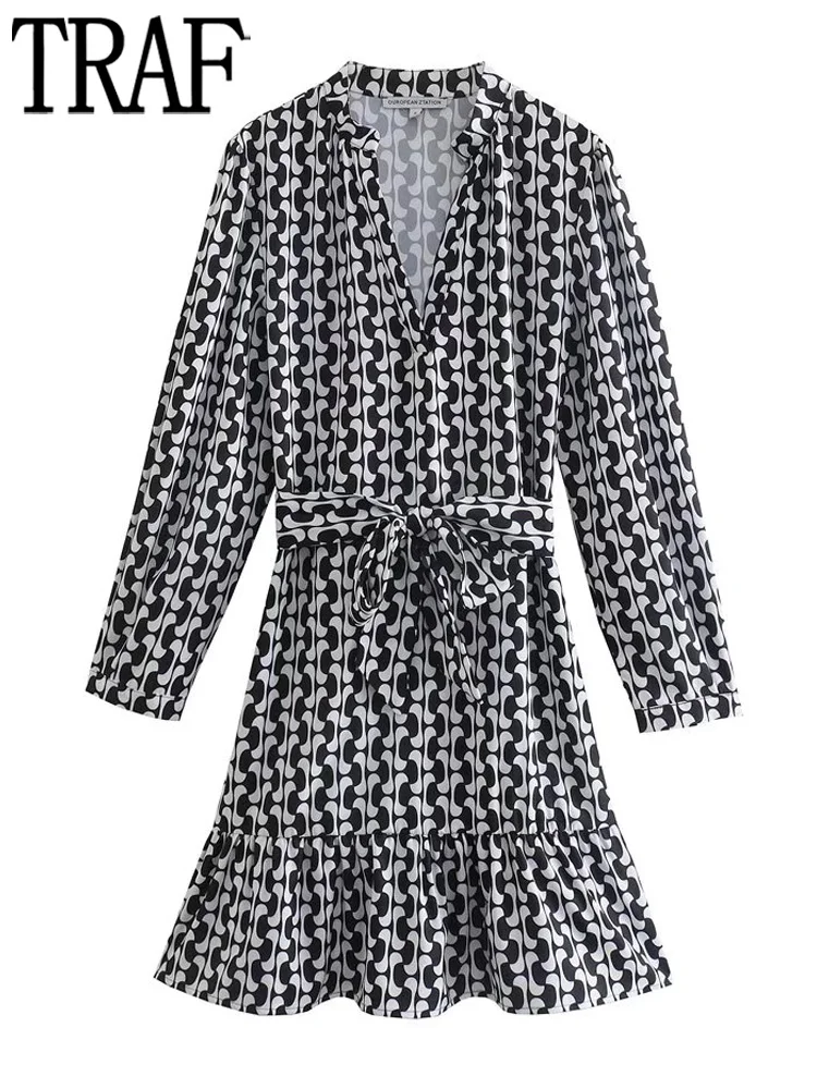 

TRAF Black Print Summer Dress Women 2022 Ruffle Short Dress Woman Long Sleeve African Dresses for Women Belt Office Female Dress