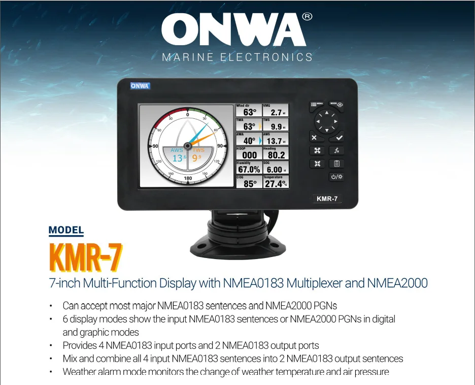 ONWA KMR-7 7-дюймовый многофункциональный дисплей с мультиплексором NMEA  NMEA0183  NMEA2000  ретранслятором анемометра метеостанции (art.: 3920cf16e25d2) - 3920cf16e25d2