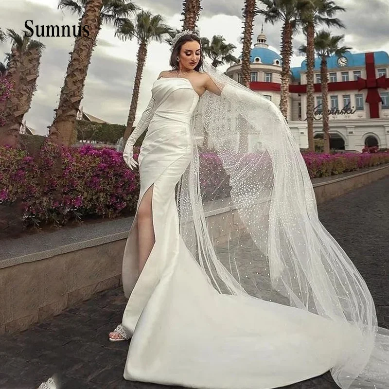 

White Satin Wedding Dress Hem Slit Strapless Glove Sleeves Back Zipper Pleat Long Train With Veil Bride Gown Women Robe de Marie