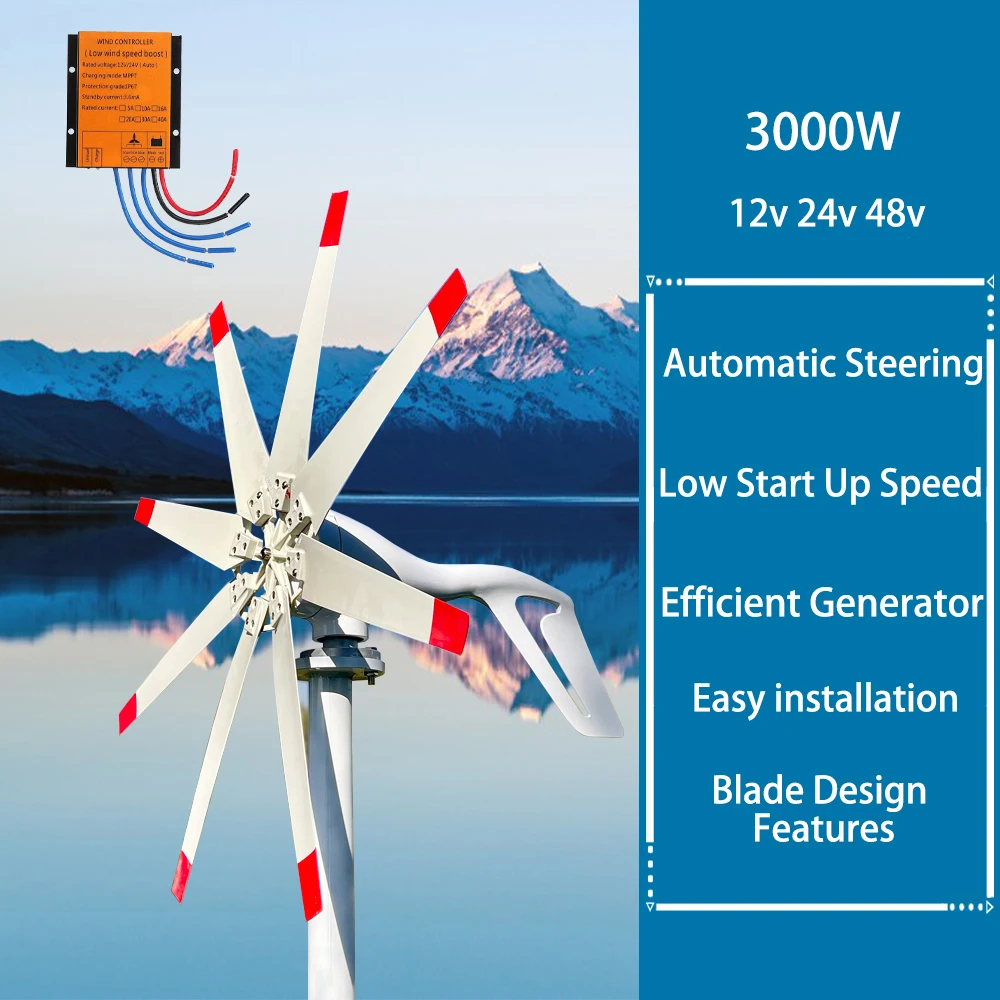 

3000w 3kw Horizontal Wind Turbine Generator 48V 24V 12V Power Magnetic Dynamo Free Energy Windmill Home Appliance Solar Camping