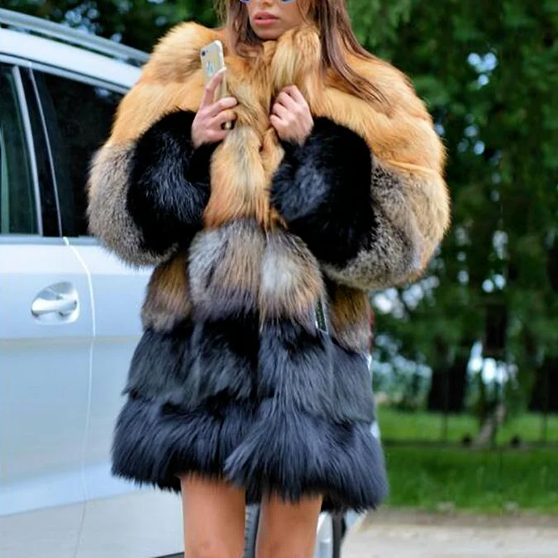 Luxurious Fashion Faux Fur Coat Autumn Winter 2021 Women Casual Warm Slim Long Faux Mink Fur Pocket Patchwork Fur Jacket Elegant