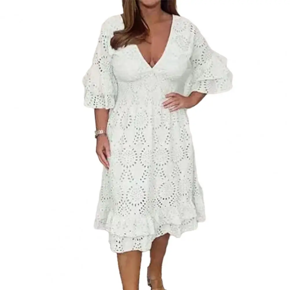 

Features: This fashion dress is designed with V-neck and waist, A-line silhouette flatters your figure, and lace cut-out design