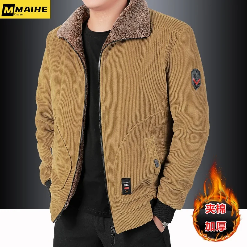 

2023 new men's winter corduroy coat Vintage warm windproof plus size men's fur collar parka Solid color Air Force bomber jacket