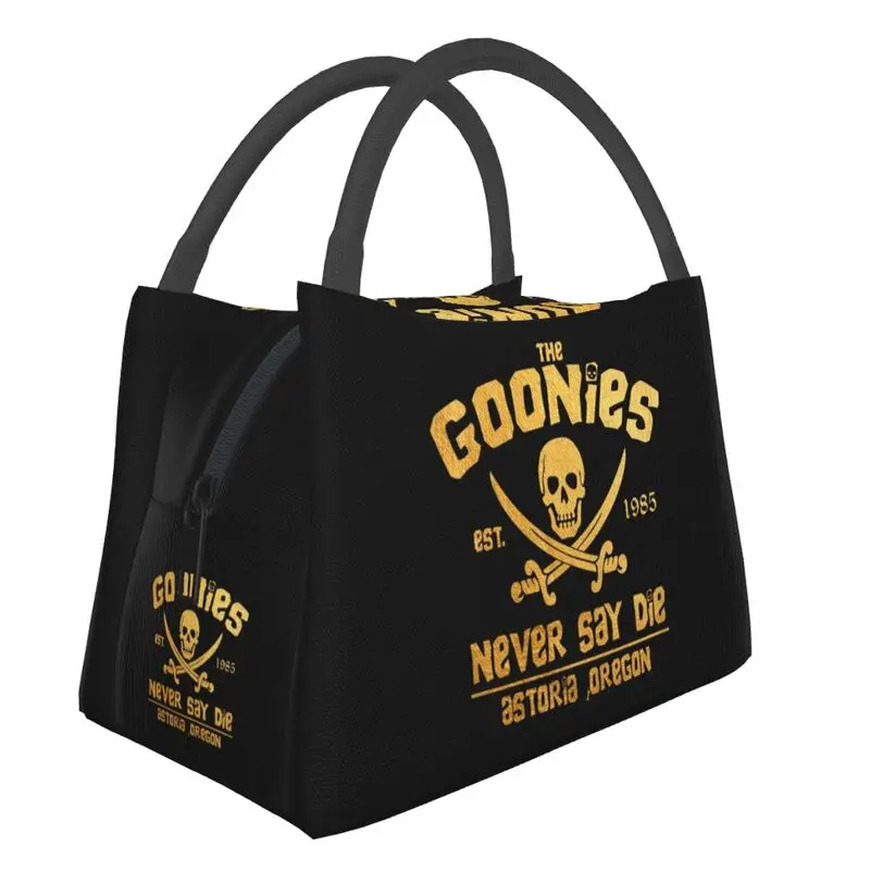 

The Goonies Never Say Die Thermal Insulated Lunch Bag Women Gothic Pirate Skull Lunch Container for Outdoor Picnic Meal Food Box