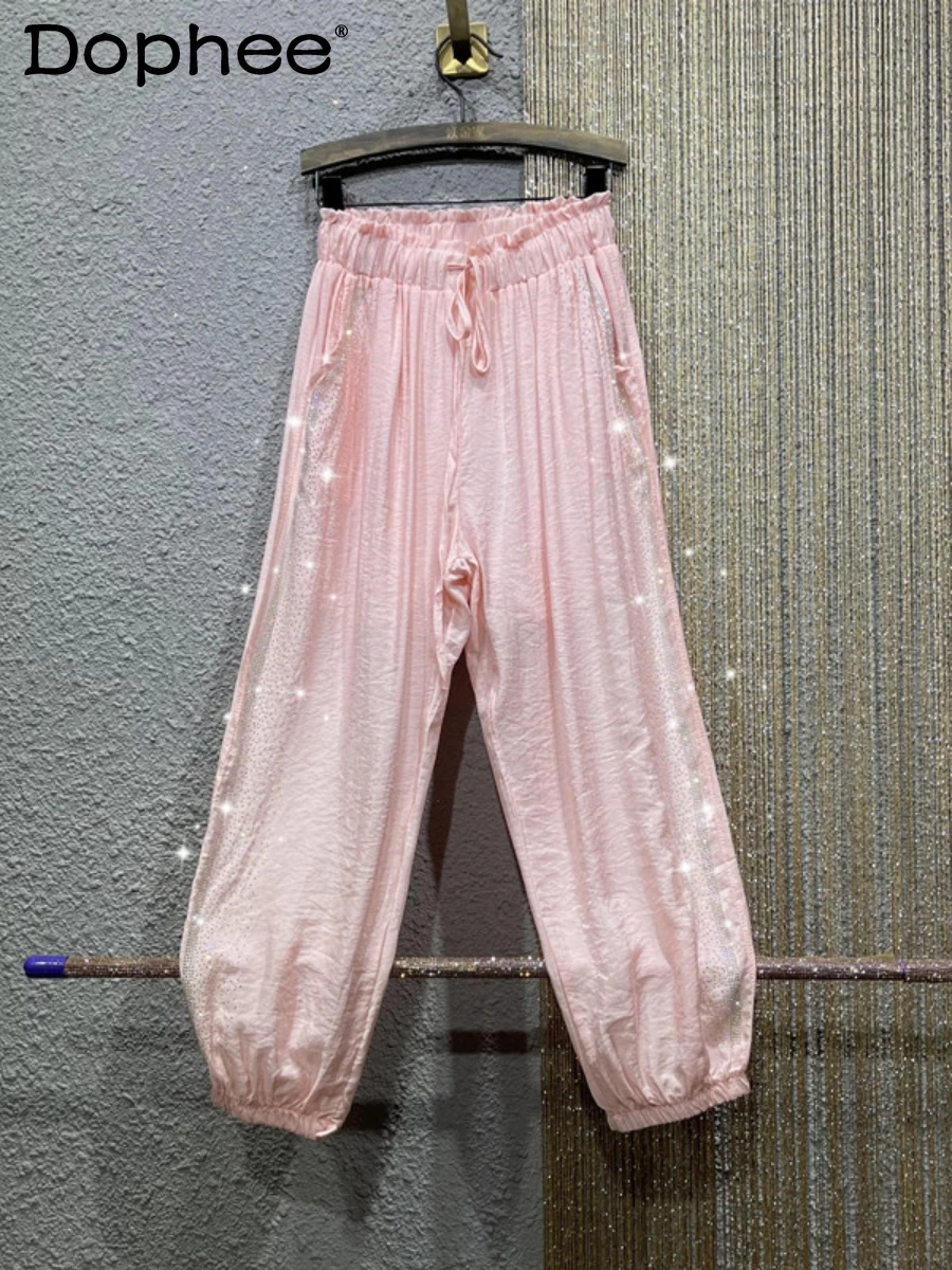 

Candy Color Rhinestone Casual Pants Women's Pink Thin Harem Pants 2022 Summer New Elastic High Waist Loose-Fit Tappered Trousers