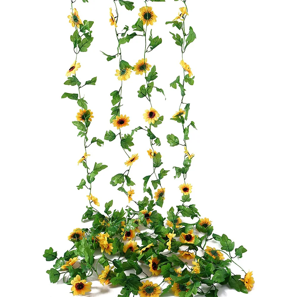 

4 Pcs Artificial Sunflower Garland,Silk Sunflower Vine with Leaves,Faux Flowers Fake Wall Hanging for DIY Wreath Decor
