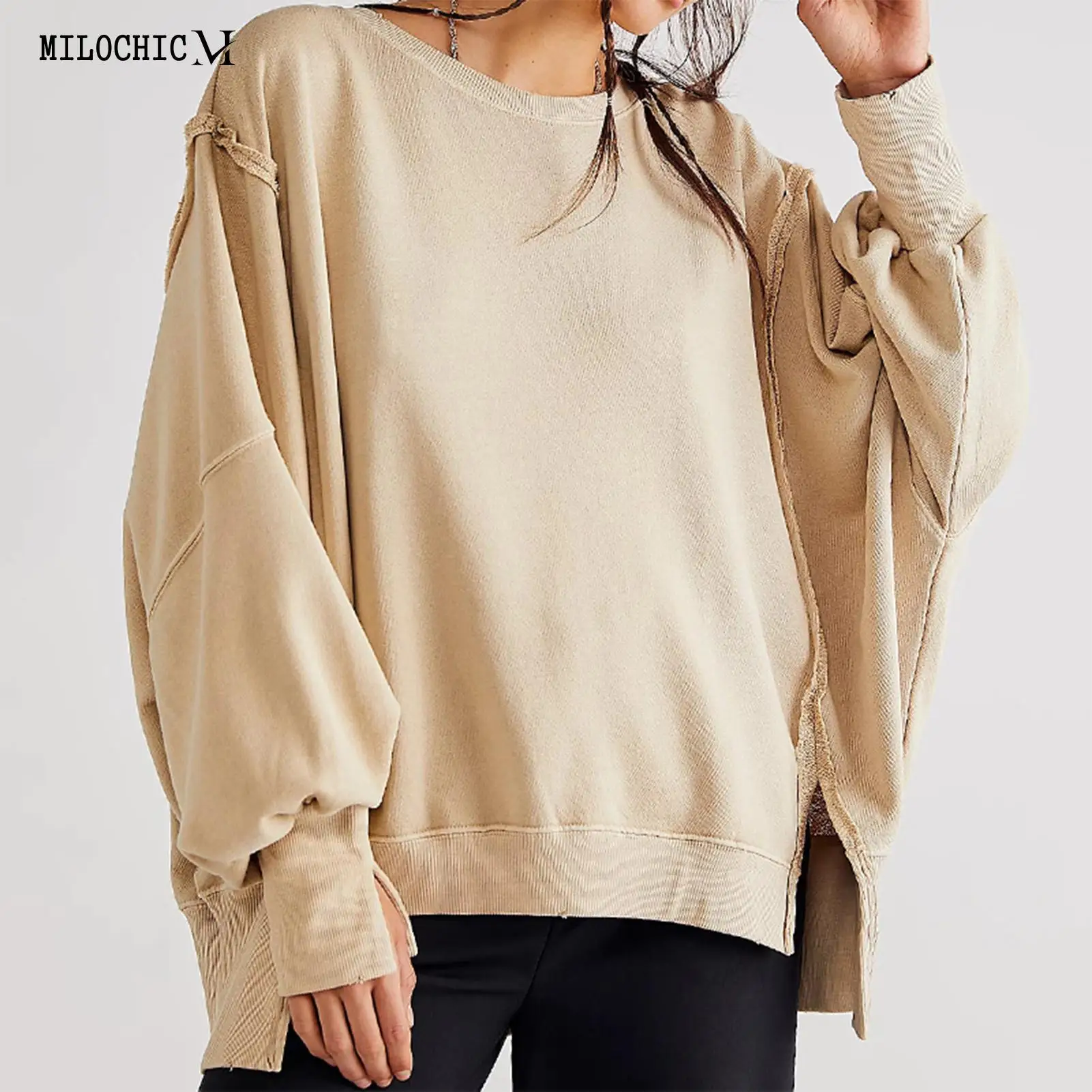 

Crew Neck Side Slit Women Casual Sweatshirts Solid Color Ladies Long Sleeve Pullover Loose Fit Simple Sweatshirt Streetwear Suit